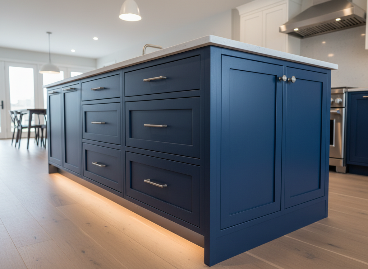 A close-up view of a custom-built kitchen island showcasing exceptional finish carpentry, with flawless shaker-style cabinet doors, perfectly aligned drawer fronts, and a smoothly routed edge on a light quartz countertop. The cabinetry is painted a rich deep blue, with subtle satin sheen that catches the light, while brushed nickel hardware is mounted in exact alignment. The island stands on matte-finished oak flooring in a minimalist, open-plan kitchen. Soft overhead recessed lighting and indirect under-cabinet illumination create controlled reflections and gentle shadows in the panel profiles. Photographed from a slightly elevated three-quarter angle, the foreground cabinetry is in sharp focus while the background kitchen elements blur into a mild bokeh. The mood is professional and high-end, with clean photographic realism that emphasizes precision and quality construction.