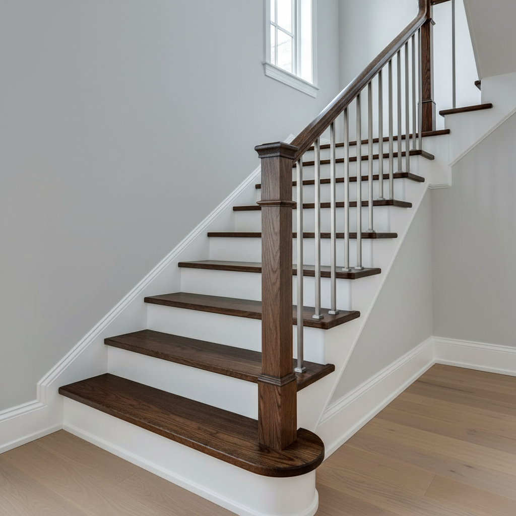 An elegant staircase in a contemporary home, featuring perfectly aligned white risers, stained oak treads, and a seamless hardwood handrail that curves smoothly at the landing. Square-profile balusters and crisp stringer trim show the precision of finish carpentry. The staircase is set against a soft gray wall, with simple baseboards and a pristine hardwood floor meeting at tight, seamless joints. Diffused daylight from an upper window illuminates the scene, creating gentle highlights on the wood grain and soft shadows under each tread. Captured from a slightly low angle looking up, the composition draws the eye along the handrail’s curve. The atmosphere is refined and professional, rendered in photographic realism with a bright, clean, and modern mood that showcases detailed craftsmanship.