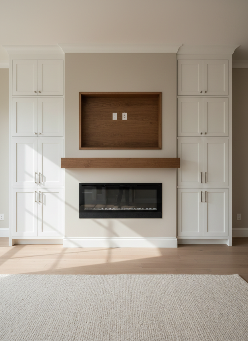 A meticulously crafted built-in living room feature wall showcasing flawless finish carpentry, with floor-to-ceiling white shaker-style cabinets flanking a central walnut-stained wood mantel and recessed niche. Crisp shadow lines highlight the tight reveals between panels and trim. The setting is a modern residential space with wide-plank oak flooring and a neutral painted wall. Soft afternoon natural light filters through unseen windows, casting gentle, realistic shadows that emphasize the clean joinery. Photographed at eye level with a wide lens, the foreground is in sharp focus while the far corners fall into a subtle softness. The mood is polished, professional, and calm, with photographic realism and a clean, modern aesthetic that emphasizes craftsmanship and precision.