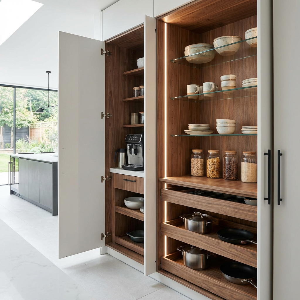 Modern open cabinets with walnut interiors, glass shelves, and built-in lighting for kitchen storage.