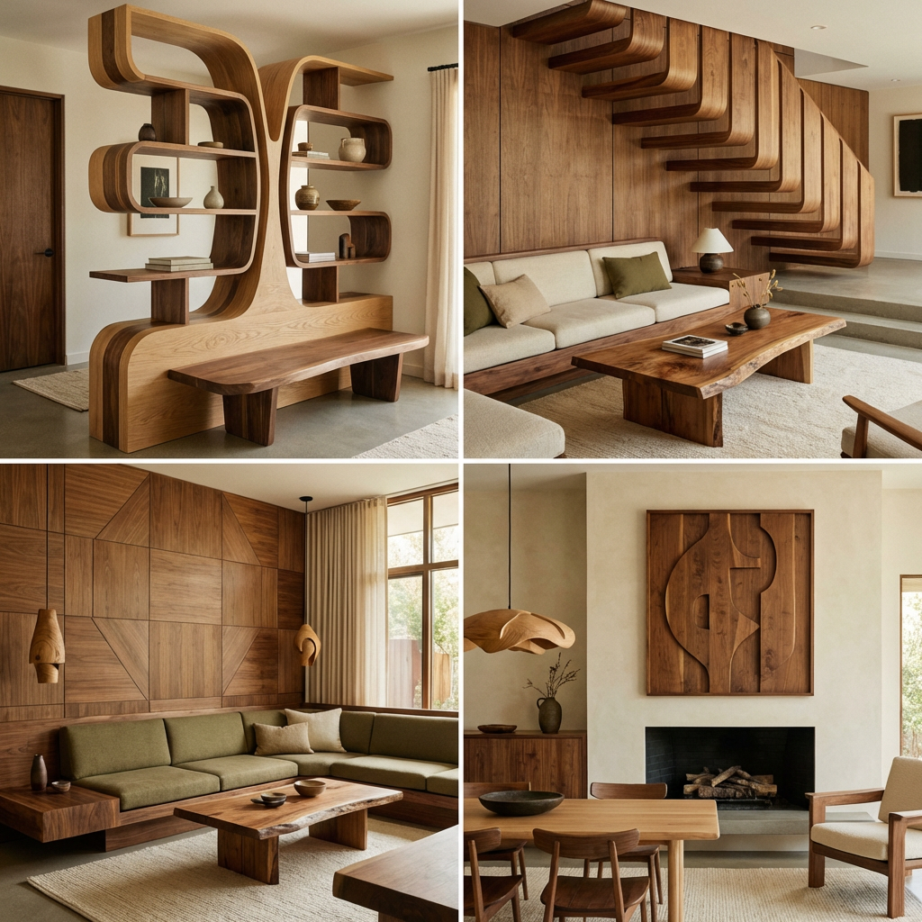 Four-panel image of modern interiors featuring sculptural wooden shelving, staircases, wall panels, and furniture.
