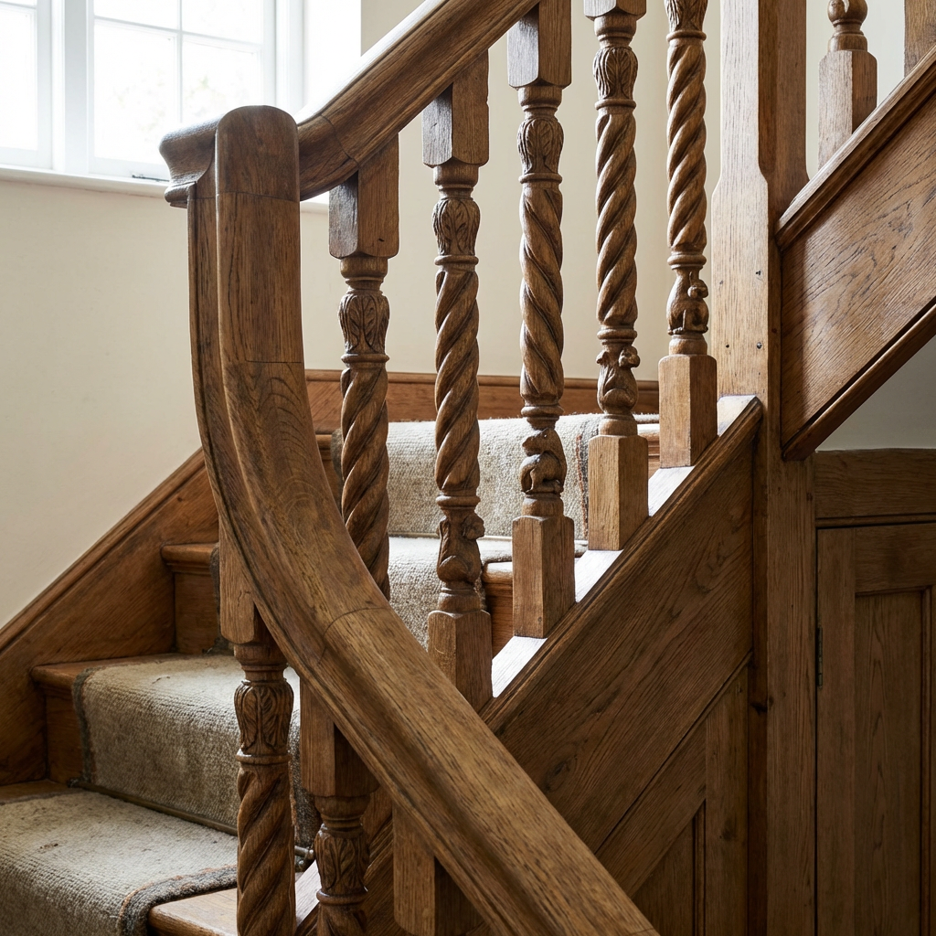 Ornate wooden staircase with intricate barley twist balusters and carpeted steps.