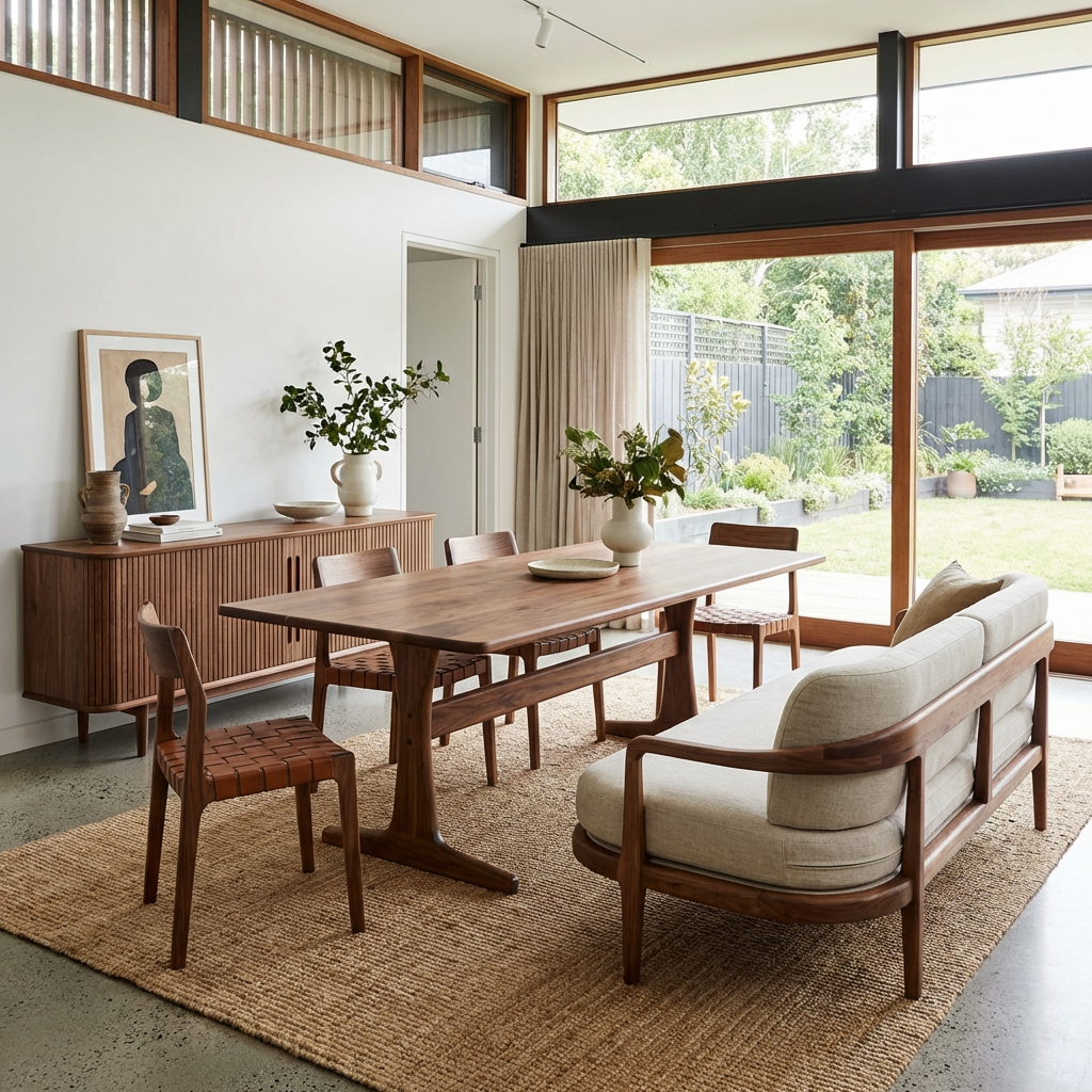 Modern dining room with wood furniture, a textured rug, and garden views through glass doors.