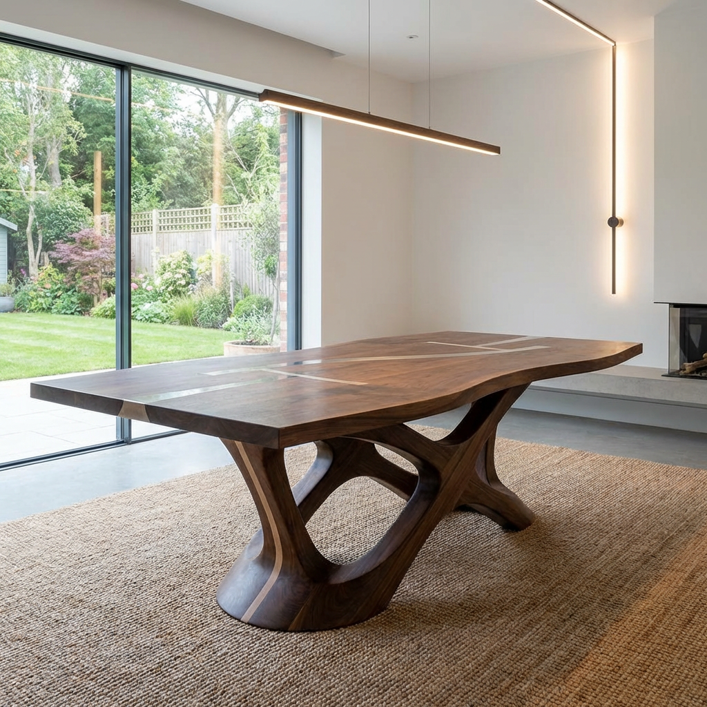 Large walnut dining table with a sculpted base and live edge in a minimalist room.