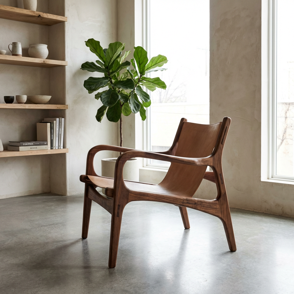 A mid-century modern lounge chair with a walnut frame and leather seat in a sunlit room.