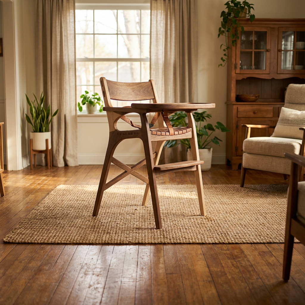 Handcrafted wooden high chair on a white pedestal in a professional photography studio with lights.