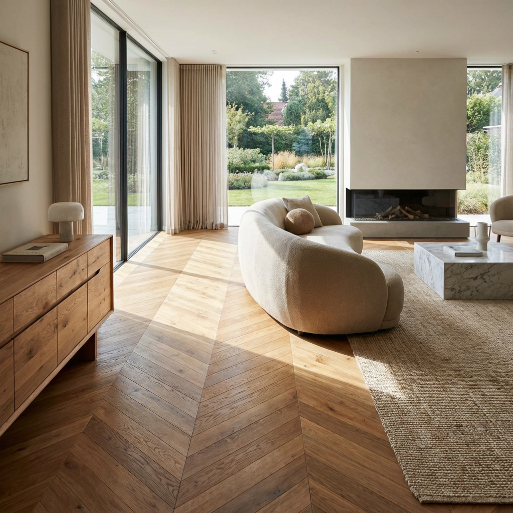Bright minimalist living room with curved sofa, chevron wood floors, and large garden windows.