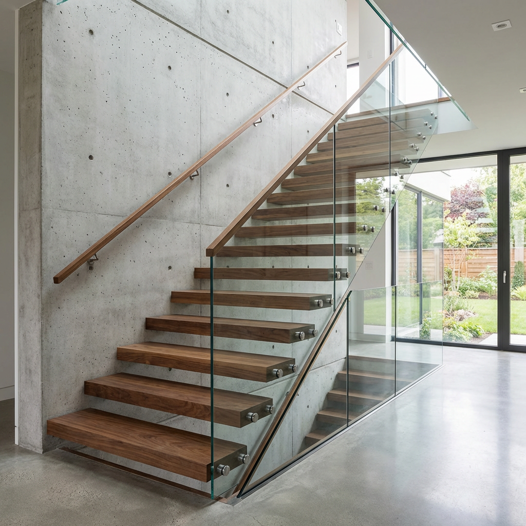 Modern floating wooden staircase with glass railings against a concrete wall.