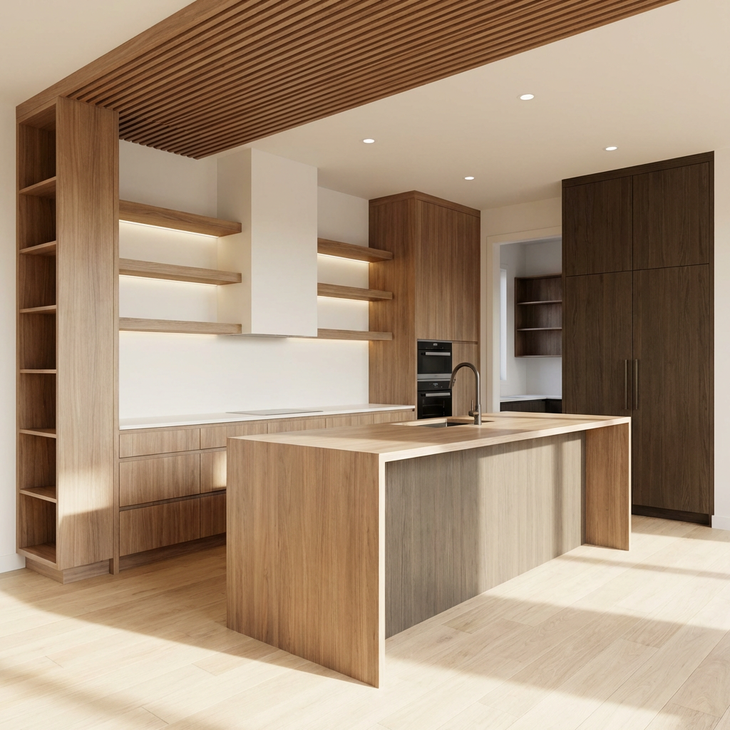 Modern kitchen featuring light wood cabinets, a large island, and integrated shelf lighting.