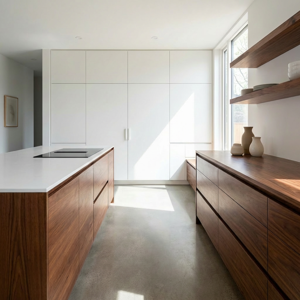 Modern minimalist kitchen with white cabinetry, wood island, and polished concrete floor.