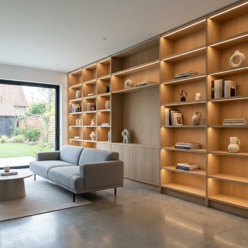 Modern living room with a large illuminated wooden bookcase, grey sofa, and garden view.